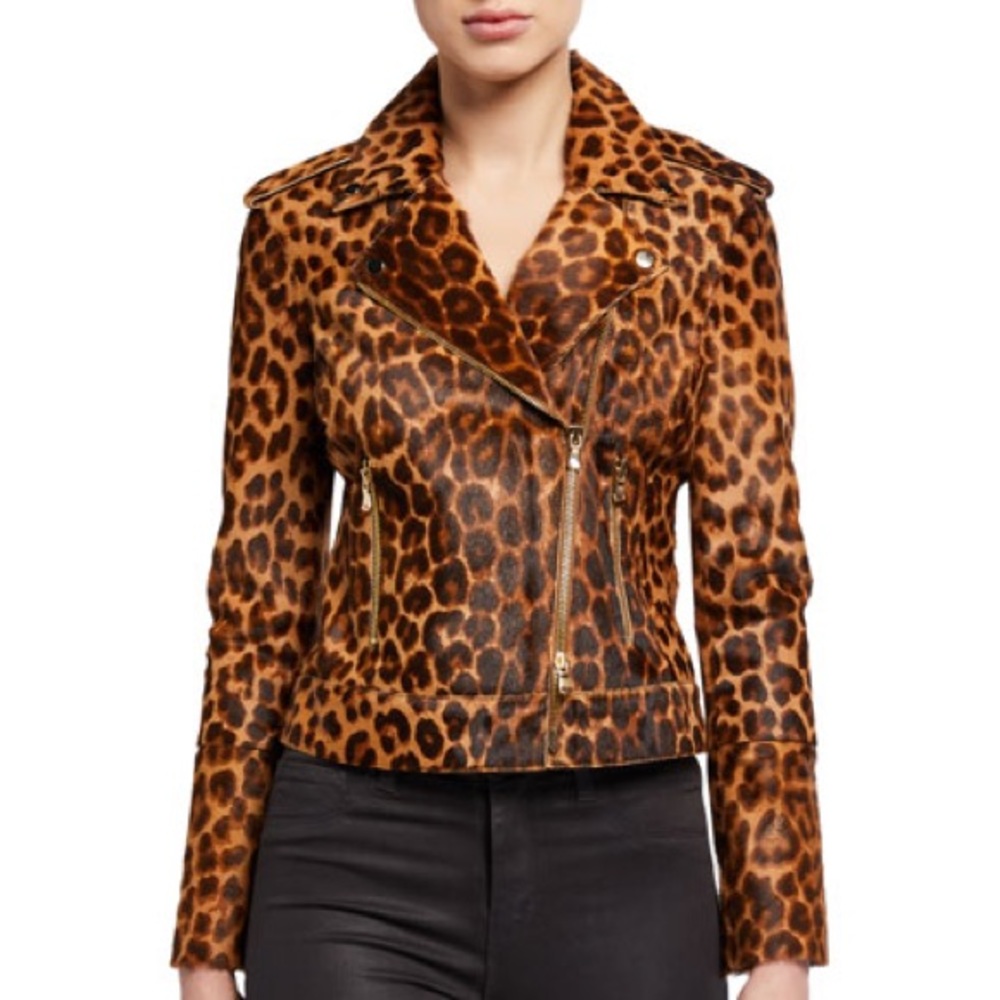 Brand NEW- L’Agence Leopard-Print Goat Hair Biker Jacket